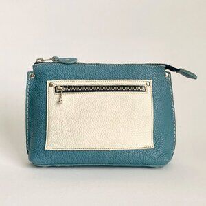 Roots Leather Zipper Clutch Purse Travel Mini Bag Blue White Minimalist Boho